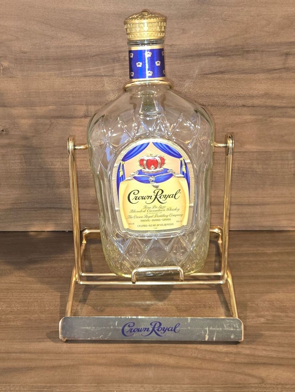 Vintage Crown Royal 1.75 litre Glass Bottle On Tilt Swing Cradle Stand EMPTY